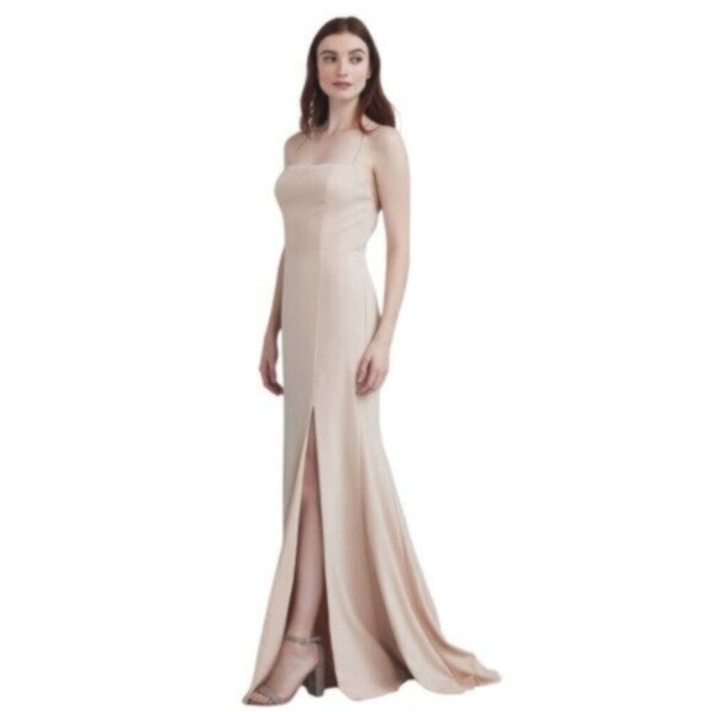 Amsale Nude Beige Spaghetti Strap Maxi Evening Gown